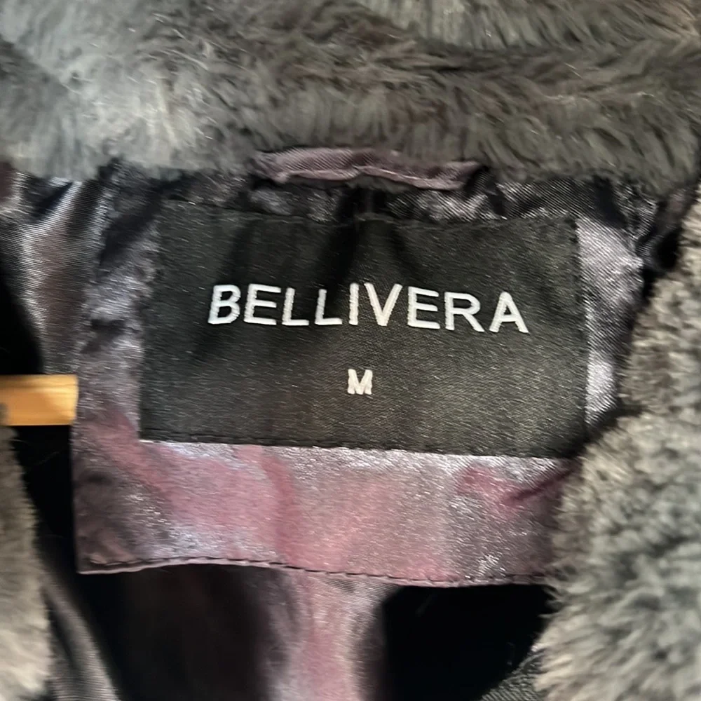 Bellivera Dark Gray Faux Fur Shearling Bomber‎ Hooded Jacket Sz M